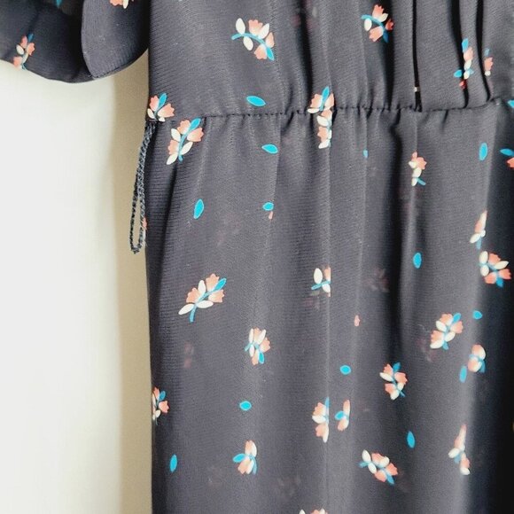 Vintage‎ 70s 80s black floral sheer 3/4 slvs pleat top midi dress M/L grunge - Picture 5 of 9